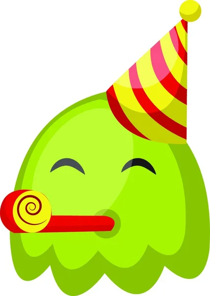 Monstruo Verde Lindo Emoji Con Sombrero Cumpleaños Vector Ilustración Sobre — Vector de stock