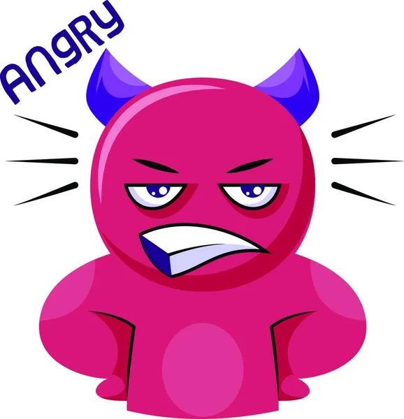 带有紫色角矢量的愤怒的粉色怪物 背景为白色 — 图库矢量图片