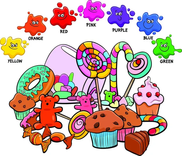 Cartoon Illustratie Van Basic Colors Educatieve Werkblad Met Snoep Sweet — Stockvector