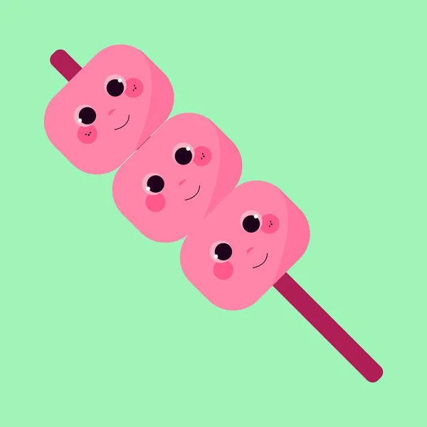 一个可爱的棉花糖糖果粉红色在一起 在玫瑰棒矢量彩色绘图或插图 — 图库矢量图片