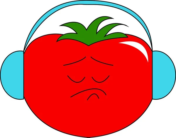 带蓝色耳机的卡通番茄 似乎是悲伤的矢量彩色绘图或插图 — 图库矢量图片