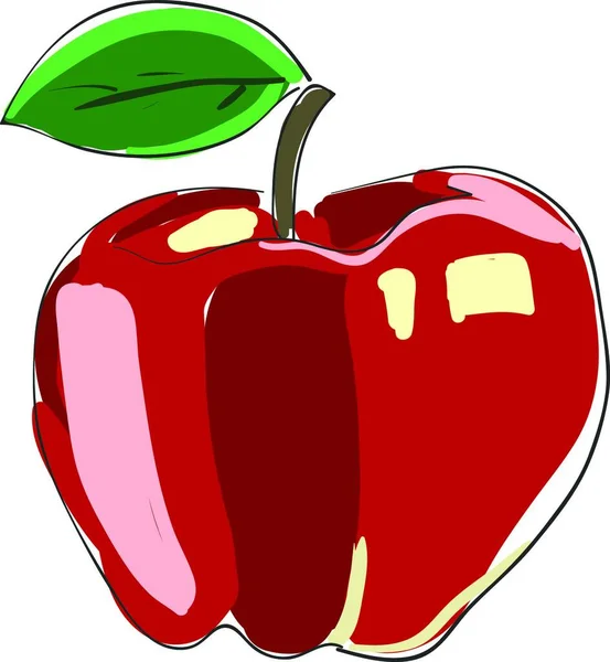 Peinture Une Pomme Rouge Avec Une Seule Feuille Verte Dans — Image vectorielle
