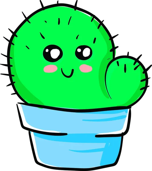 Simpatico Cactus Verde Con Disegno Illustrazione Colori Vettoriale Vaso Blu — Vettoriale Stock