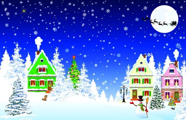 Häuser Dorf Wald Bäume Winterländliche Landschaft Heiligabend Schneeflocken Nachthimmel Weihnachtsmann — Stockvektor