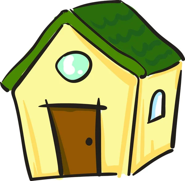 Ένα Κίτρινο Σπίτι Πράσινη Στέγη Και Καφέ Πόρτες Παράθυρα Που — Διανυσματικό Αρχείο