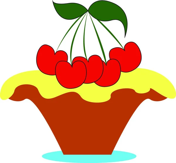 一个小可爱的樱桃蛋糕与一堆樱桃的顶部矢量彩色绘图或插图 — 图库矢量图片