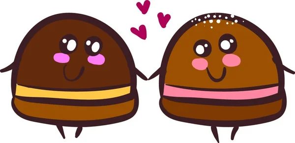 Två Söta Chokladtryfflar Hålla Händerna Kärlek Vektor Färg Ritning Eller — Stock vektor