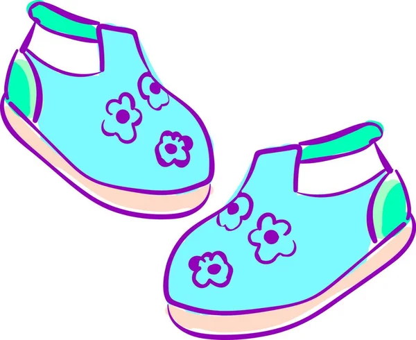 童鞋蓝色带白色弹力带 印着漂亮的紫色花纹图案和玫瑰底色矢量图或图解的一双童鞋的色系 — 图库矢量图片