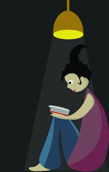 Portrait Une Fille Accroupie Lisant Livre Sous Lampe Lumière Jaune — Image vectorielle