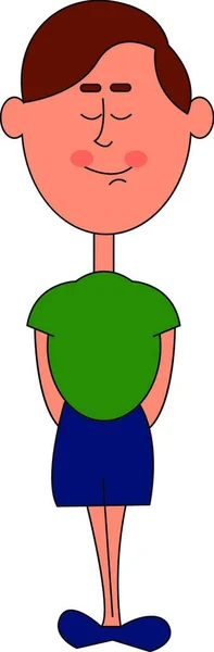Zeichentrickfigur Eines Jungen Grünem Hemd Und Blauer Hose Steht Mit — Stockvektor