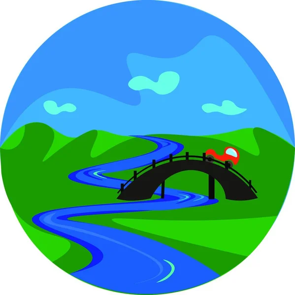 Bir Nehir Vektör Renk Çizim Veya Illüstrasyon Üzerinde Köprü Geçen — Stok Vektör