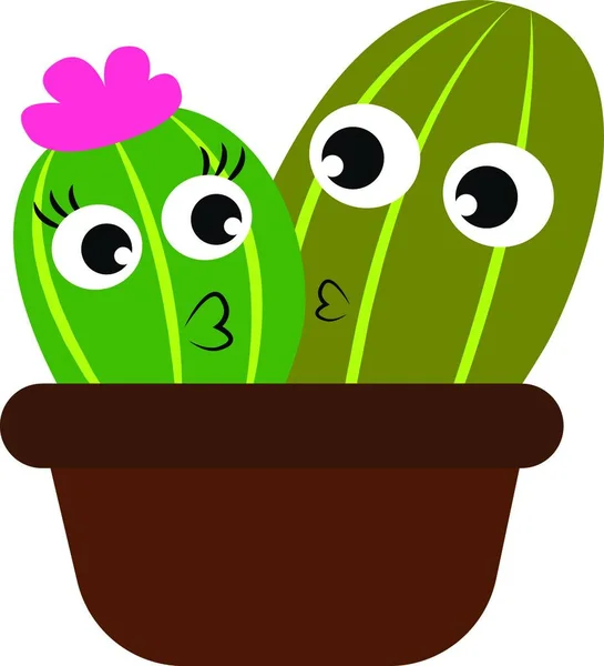 Ragazzo Ragazza Piante Cactus Vaso Fiori Marrone Sono Innamorati Uno — Vettoriale Stock
