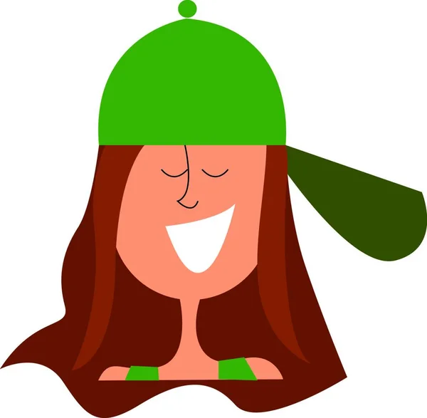 緑色のノースリーブトップの女の子のクリップアートは 緑のキャップを横に着用し 目を閉じて笑っているベクトルカラー描画やイラストです — ストックベクタ