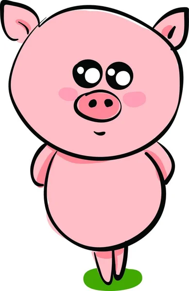 一个可爱的猪粉红色的表情符号与圆形的身体和脸看起来可爱 而站在绿色的草原矢量彩色绘图或插图 — 图库矢量图片