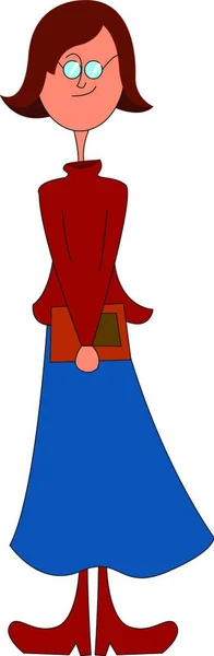 Высокая Тощая Девушка Длинной Голубой Юбке Коричневый Свитер Красные Очки — стоковый вектор