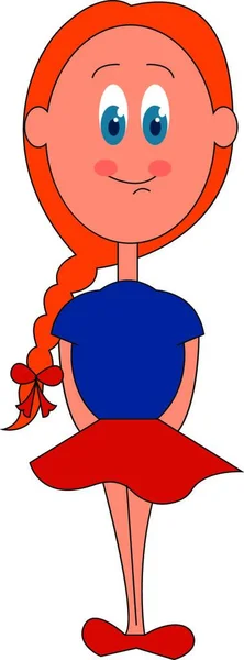 一个美丽的小女孩在蓝色上衣和棕色裙子长棕色的头发拼接和绑在一起 其末端与弓状的丝带矢量彩色绘图或插图 — 图库矢量图片