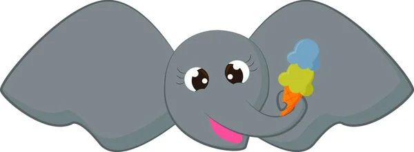 卡通人物滑稽的灰色大象脸 两只大翅膀的耳朵交叉在一起 中间有一个锥形冰淇淋 上面有两种口味的后备箱矢量彩绘或插图 — 图库矢量图片
