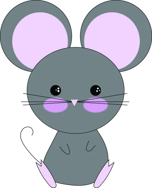 紫色の耳を持つ漫画の灰色のマウス黒いウィスカー反転三角形のような鼻は 着席ベクトルカラー描画やイラストながら幸せに見えます — ストックベクタ