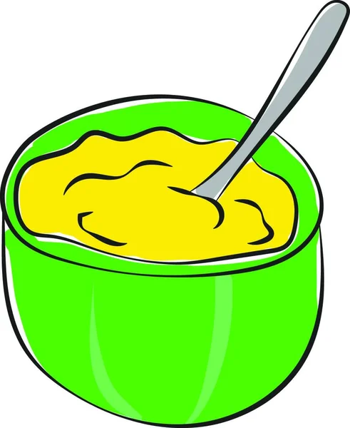 卡通巨大的绿色碗与银勺装满土豆泥黄色的颜色是准备品尝矢量彩色绘图或插图 — 图库矢量图片