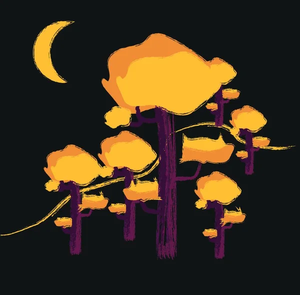 Портрет Лісу Вночі Деревами Місяцем Коричневому Кольорі Над Темним Тлом — стоковий вектор