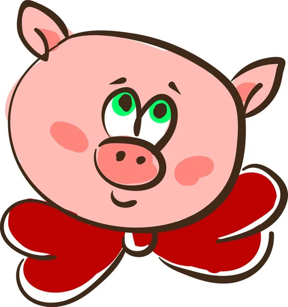 一只粉红色的猪的脸在红色的脖子蝴蝶结与绿色的眼睛卷起是微笑矢量彩色绘图或插图 — 图库矢量图片