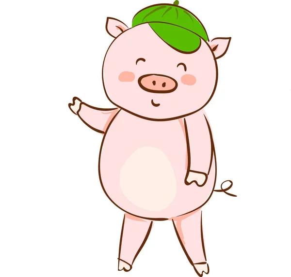 모자에 돼지의 흔들고 미소는 드로잉 그림으로 — 스톡 벡터