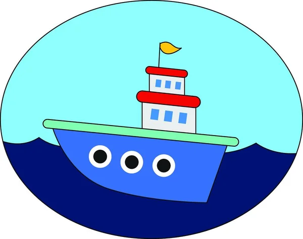 Ein Schönes Blaues Cartoon Schiff Das Über Das Meer Segelt — Stockvektor