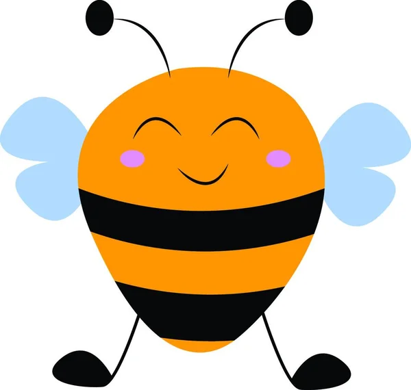 楕円形の茶色の体と2つの縦のバンド青い翼と2つのアンテナベクトルカラー描画またはイラストで蜜と花粉を収集する刺す翼の昆虫 — ストックベクタ