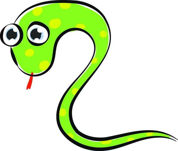 緑色のスリザリングヘビの体に球状の黄色のボールを持つ絵は 2つの膨らんだ目と ベクトルカラーの描画やイラストをぶら下げたスプリットを持つ赤い舌を持っています — ストックベクタ