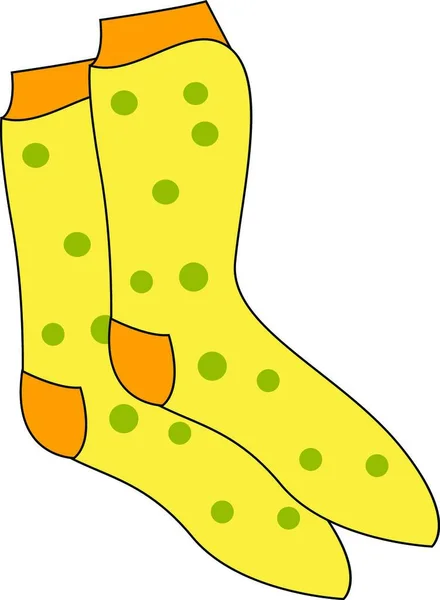 一双展示黄色袜子的剪贴画 具有漂亮的醒目的绿色波尔卡图案和袖口和脚跟在橙色矢量彩色绘图或插图 — 图库矢量图片