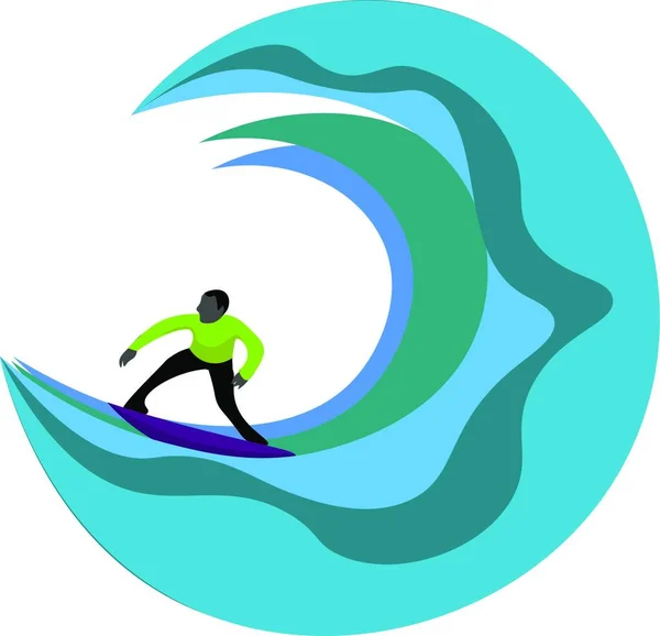 Portrait Eines Surfers Grünen Kostüm Reitet Die Welle Richtung Ufer — Stockvektor