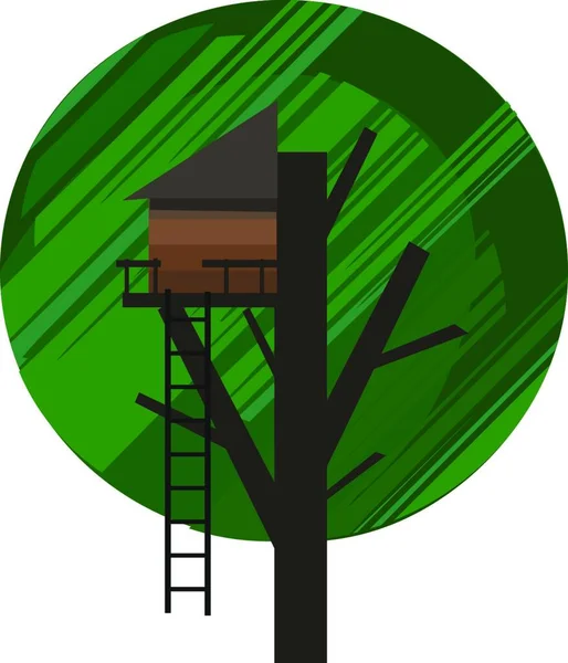 Портрет Домика Дереве Построенного Помощью Коричневой Лестницы Построенной Ветвях Дерева — стоковый вектор
