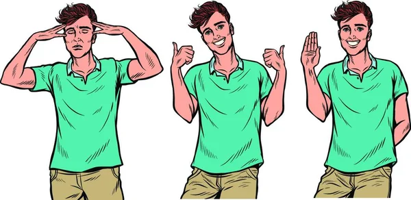 Young Man Gestures Set Pop Art Retro Vector Illustration Drawing — Stock Vector