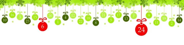 挂在墙上的圣诞彩灯是绿色的 数字1至24显示了圣诞节和冬季来临的日历 顶部的雪花是全景风格 — 图库矢量图片