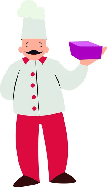 Chef Personaggio Con Una Scatola Viola Vettore Illustrazione Uno Sfondo — Vettoriale Stock