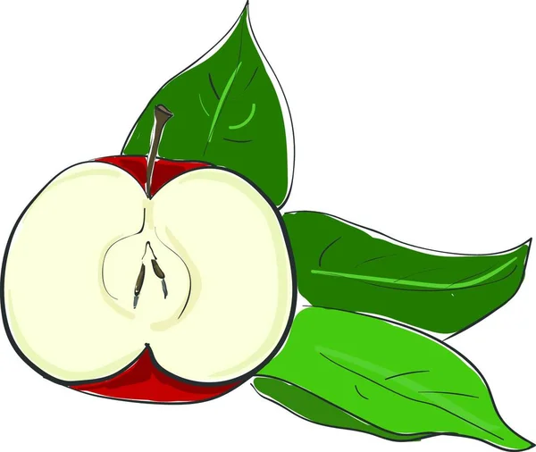 Stor Bit Rött Äpple Med Gröna Blad Vektor Färg Ritning — Stock vektor