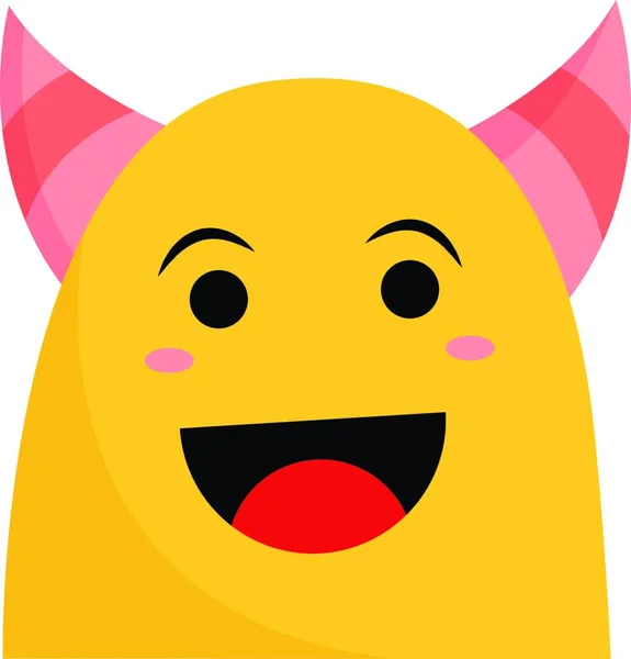 Monstruo Amarillo Sonriente Feliz Con Par Cuernos Color Rosa Agudo — Vector de stock