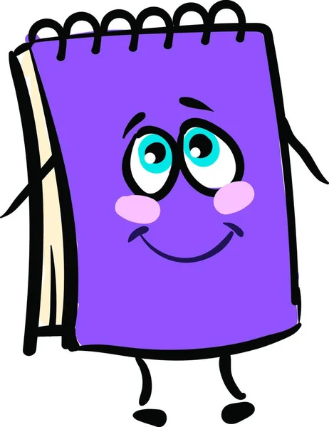 2つの青い目を持つ紫色のワイヤーバウンドノートの絵文字は 棒のような足と手を巻き上げ 閉じた笑顔ベクトルカラー描画やイラストを持っています — ストックベクタ