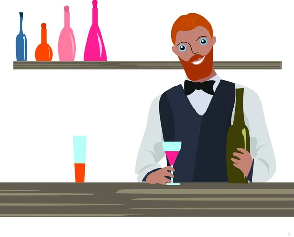 Bartender Med Flaska Vin Handen Redo Att Servera Vektor Färg — Stock vektor