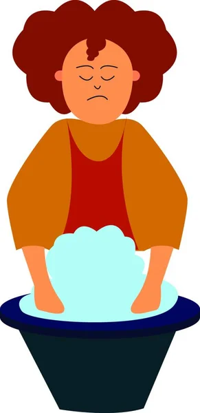 Domowe Kobiety Mycia Naczyń Misce Wodą Pianki Wektor Rysunek Kolorowy — Wektor stockowy