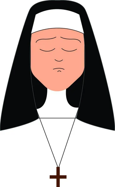 彼女の頭の上の白い帽子に取り付けられた黒いベールとプラスサインのペンダントチェーンを身に着けている修道女は 目を閉じている間 不幸に見えます ベクトル カラードローイングやイラスト — ストックベクタ