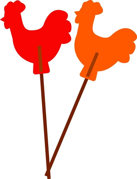 两个五颜六色的糖糖 呈鸡形 红色和黄色附着在棕色的棍子 彩色绘图或插图 — 图库矢量图片