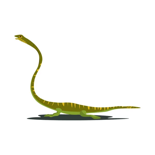 緑色と大きな長い首を持つ海洋爬虫類 タニストロフェウス 体に黄色の縞模様が描かれ ベクトル カラードローイングまたはイラストから見た三畳紀の間に生まれた — ストックベクタ