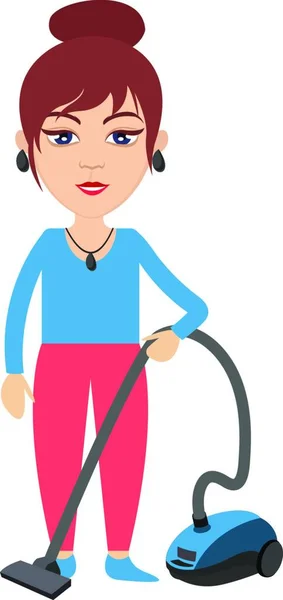 Wanita Dengan Vacuum Cleaner Ilustrasi Vektor Dengan Latar Belakang Putih - Stok Vektor