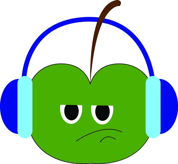 Green Angry Apple Headphones Frowning Face Vector Color Drawing Illustration — Stock Vector