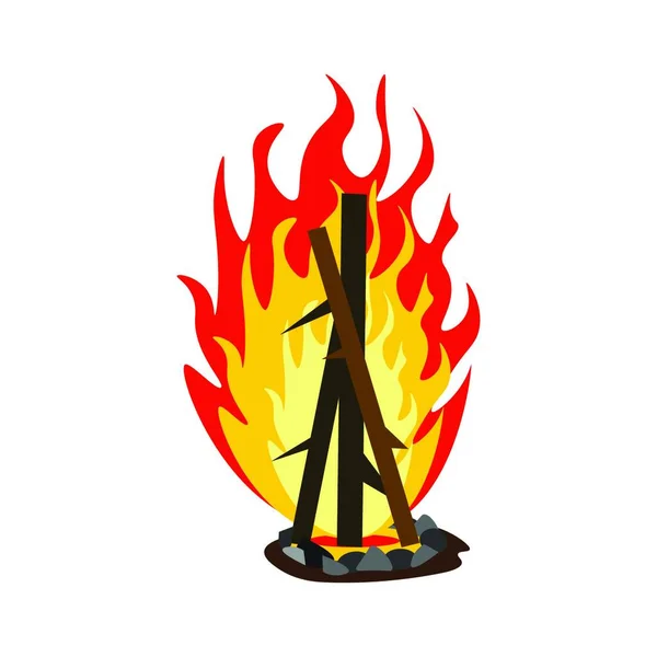 長い森 ベクトル カラードローイングやイラストを持つ赤と黄色の炎を持つ大きな焚き火 — ストックベクタ