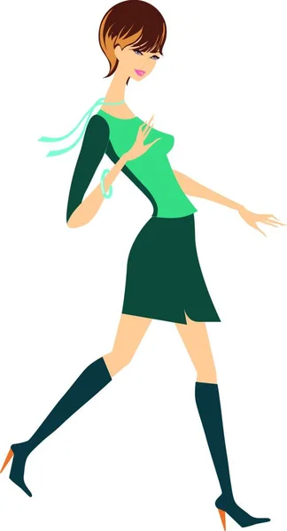 Una Chica Vestido Verde Con Botas Verdes Con Pelo Castaño — Archivo Imágenes Vectoriales