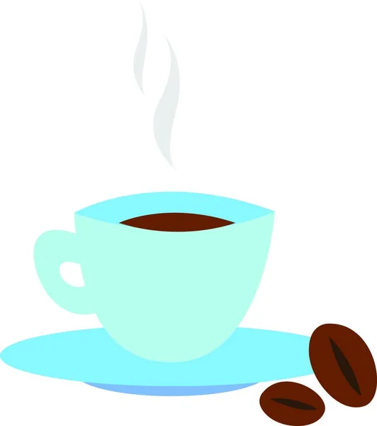 一杯带碟子的蓝色热咖啡 有两个咖啡豆 彩色图画或插图 — 图库矢量图片