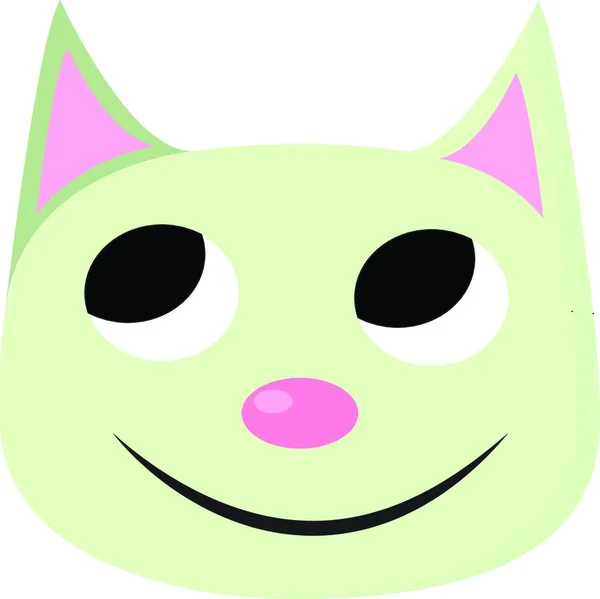 Zielony Uśmiechnięty Kot Dużymi Oczami Różowy Nos Uszy Wektor Rysunek — Wektor stockowy
