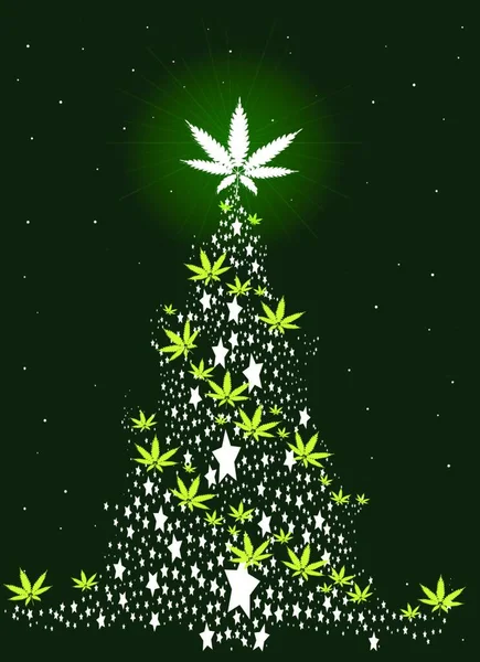 Albero Natale Creato Fiocchi Neve Stelle Foglie Cannabis — Vettoriale Stock